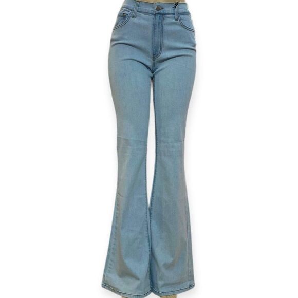 Mid Rise Faded Blue Stretch Denim Flared Bell Bottom Jeans NEW - Picture 1 of 6
